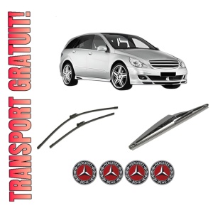 Set 3 stergatoare MERCEDES-BENZ R-CLASS (W251, V251) din 2005-2014, pentru parbriz si luneta fata si spate auto, Bosch Twin-Aerotwin, din cauciuc siliconat rezistent, 4 Stickere Auto MERCEDES-BENZ