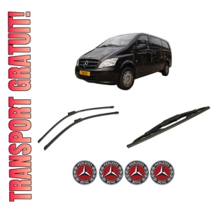 Set 3 stergatoare MERCEDES-BENZ VITO / MIXTO Van (W639) din 2003-2012, pentru parbriz si luneta fata si spate auto, Bosch Twin-Aerotwin, din cauciuc siliconat rezistent, 4 Stickere Auto MERCEDES-BENZ