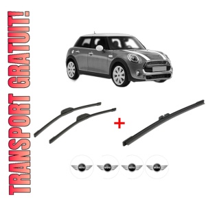 Set 3 stergatoare MINI MINI (F55) din 2013 - 2017, pentru parbriz si luneta fata si spate auto, Bosch Aerotwin, din cauciuc siliconat rezistent, 4 Stickere Auto MINI