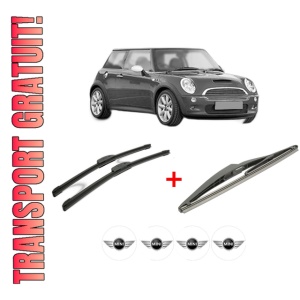 Set 3 stergatoare MINI MINI (R50, R53) din 2001 - 2006, pentru parbriz si luneta fata si spate auto, Bosch Twin, din cauciuc siliconat rezistent, 4 Stickere Auto MINI