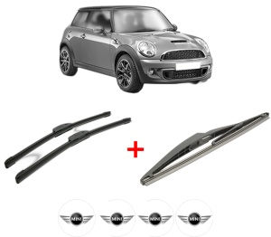 Set 3 stergatoare MINI MINI (R56) din 2006 - 2013, pentru parbriz si luneta fata si spate auto, Bosch Twin, din cauciuc siliconat rezistent, 4 Stickere Auto MINI v7415