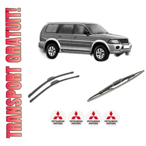 Set 3 stergatoare MITSUBISHI PAJERO SPORT I (K7_, K9_) din 1996-2003, pentru parbriz si luneta fata si spate auto, Bosch Twin-Aerotwin Retrofit, din cauciuc siliconat rezistent, 4 Stickere Auto MITSUBISHI