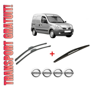 Set 3 stergatoare NISSAN KUBISTAR Van (X76) din 2003 - 2009, pentru parbriz si luneta fata si spate auto, Bosch Twin, din cauciuc siliconat rezistent, 4 Stickere Auto NISSAN