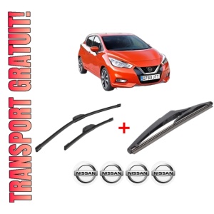 Set 3 stergatoare NISSAN MICRA V (K14) din 2016, pentru parbriz si luneta fata si spate auto, Bosch Twin, din cauciuc siliconat rezistent, 4 Stickere Auto NISSAN