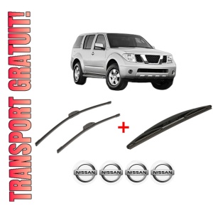 Set 3 stergatoare NISSAN PATHFINDER III (R51) din 2005 - 2010, pentru parbriz si luneta fata si spate auto, Bosch Twin, din cauciuc siliconat rezistent, 4 Stickere Auto NISSAN