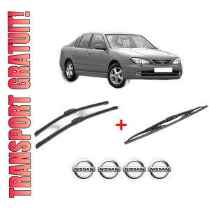 Set 3 stergatoare NISSAN PRIMERA (P11) din 1996 - 2001, pentru parbriz si luneta fata si spate auto, Bosch Twin, din cauciuc siliconat rezistent, 4 Stickere Auto NISSAN