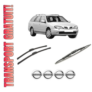 Set 3 stergatoare NISSAN PRIMERA Traveller (WP11) din 1996-2001, pentru parbriz si luneta fata si spate auto, Bosch Twin-Aerotwin Retrofit, din cauciuc siliconat rezistent, 4 Stickere Auto NISSAN