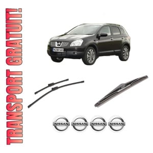 Set 3 stergatoare NISSAN QASHQAI +2 VAN (JJ10E) din 2008-2014, pentru parbriz si luneta fata si spate auto, Bosch Twin-Aerotwin, din cauciuc siliconat rezistent, 4 Stickere Auto NISSAN
