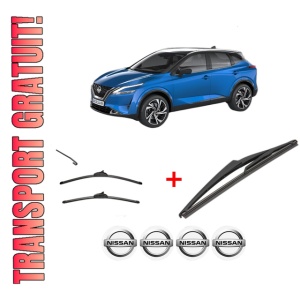 Set 3 stergatoare NISSAN QASHQAI III (J12) din 2021, pentru parbriz si luneta fata si spate auto, Valeo Silencio, din cauciuc siliconat rezistent, 4 Stickere Auto NISSAN