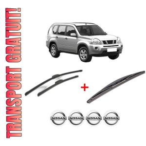 Set 3 stergatoare NISSAN X-TRAIL II (T31) din 2007 - 2014, pentru parbriz si luneta fata si spate auto, Bosch Twin, din cauciuc siliconat rezistent, 4 Stickere Auto NISSAN