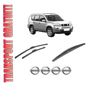 Set 3 stergatoare NISSAN X-TRAIL II (T31) din 2007-2014, pentru parbriz si luneta fata si spate auto, Bosch Twin-Aerotwin Retrofit, din cauciuc siliconat rezistent, 4 Stickere Auto NISSAN