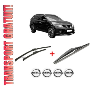 Set 3 stergatoare NISSAN X-TRAIL III (T32_, T32R, T32RR) din 2014, pentru parbriz si luneta fata si spate auto, Bosch Twin, din cauciuc siliconat rezistent, 4 Stickere Auto NISSAN