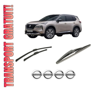 Set 3 stergatoare NISSAN X-TRAIL IV (T33) din 2022-2024, pentru parbriz si luneta fata si spate auto, Bosch Twin-Aerotwin Retrofit, din cauciuc siliconat rezistent, 4 Stickere Auto NISSAN