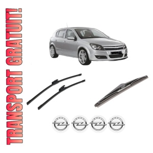 Set 3 stergatoare OPEL ASTRA H (A04) din 2004-2014, pentru parbriz si luneta fata si spate auto, Bosch Twin-Aerotwin Multi, din cauciuc siliconat rezistent, 4 Stickere Auto OPEL