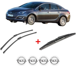 Set 3 stergatoare OPEL ASTRA J Saloon din 2012 - 2015, pentru parbriz si luneta fata si spate auto, Bosch Twin, din cauciuc siliconat rezistent, 4 Stickere Auto OPEL v4050