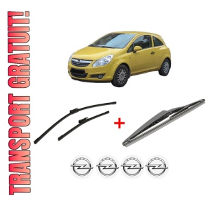 Set 3 stergatoare OPEL CORSA D Hatchback Van (S07) din 2006 - 2014, pentru parbriz si luneta fata si spate auto, Bosch Twin, din cauciuc siliconat rezistent, 4 Stickere Auto OPEL