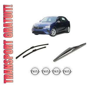 Set 3 stergatoare OPEL CORSA F Hatchback Van din 2019, pentru parbriz si luneta fata si spate auto, Bosch Twin-Aerotwin, din cauciuc siliconat rezistent, 4 Stickere Auto OPEL