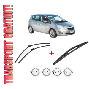 Set 3 stergatoare OPEL MERIVA B MPV (S10) din 2010 - 2017, pentru parbriz si luneta fata si spate auto, Valeo Silencio, din cauciuc siliconat rezistent, 4 Stickere Auto OPEL