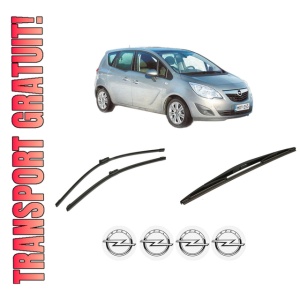 Set 3 stergatoare OPEL MERIVA B MPV (S10) din 2010-2017, pentru parbriz si luneta fata si spate auto, Bosch Twin-Aerotwin, din cauciuc siliconat rezistent, 4 Stickere Auto OPEL