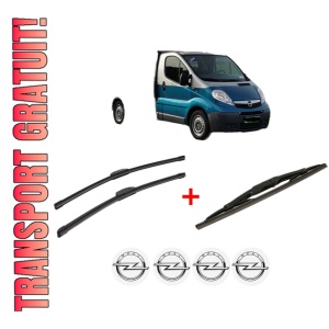 Set 3 stergatoare OPEL VIVARO A Platform/Chassis (X83) din 2001 - 2014, pentru parbriz si luneta fata si spate auto, Bosch Twin, din cauciuc siliconat rezistent, 4 Stickere Auto OPEL
