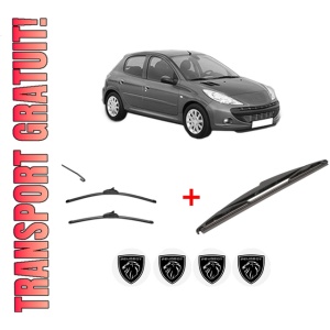 Set 3 stergatoare PEUGEOT 206+ (2L_, 2M_) din 2009 - 2013, pentru parbriz si luneta fata si spate auto, Valeo Silencio, din cauciuc siliconat rezistent, 4 Stickere Auto PEUGEOT