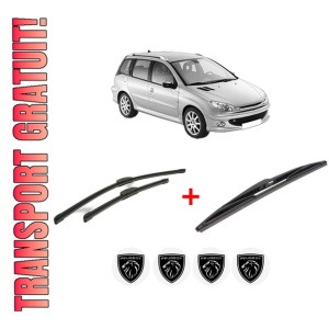 Set 3 stergatoare PEUGEOT 206 SW (2E/K) din 2002 - 2008, pentru parbriz si luneta fata si spate auto, Bosch Twin, din cauciuc siliconat rezistent, 4 Stickere Auto PEUGEOT