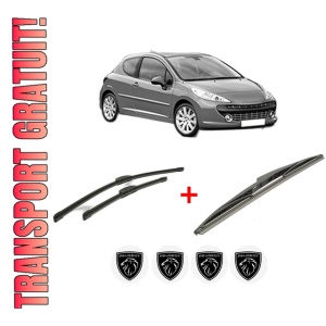 Set 3 stergatoare PEUGEOT 207 (WA_, WC_) din 2006 - 2015, pentru parbriz si luneta fata si spate auto, Bosch Twin, din cauciuc siliconat rezistent, 4 Stickere Auto PEUGEOT