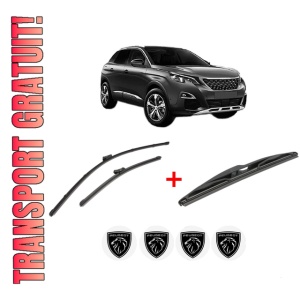 Set 3 stergatoare PEUGEOT 3008 Van (MR_, MC_, MJ_) din 2016, pentru parbriz si luneta fata si spate auto, Valeo Silencio, din cauciuc siliconat rezistent, 4 Stickere Auto PEUGEOT