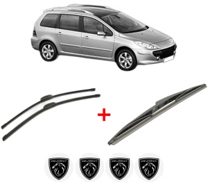 Set 3 stergatoare PEUGEOT 307 SW (3H) din 2002 - 2009, pentru parbriz si luneta fata si spate auto, Bosch Twin, din cauciuc siliconat rezistent, 4 Stickere Auto PEUGEOT v8075