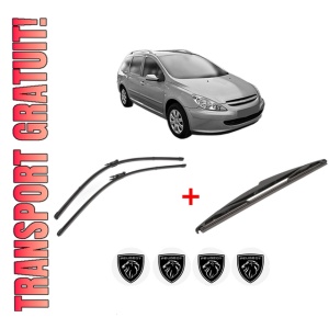 Set 3 stergatoare PEUGEOT 307 SW Estate Van (3E_, 3H_) din 2003 - 2009, pentru parbriz si luneta fata si spate auto, Valeo Silencio, din cauciuc siliconat rezistent, 4 Stickere Auto PEUGEOT