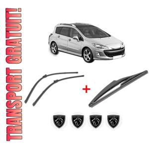 Set 3 stergatoare PEUGEOT 308 SW I (4E_, 4H_) din 2007 - 2014, pentru parbriz si luneta fata si spate auto, Valeo Silencio, din cauciuc siliconat rezistent, 4 Stickere Auto PEUGEOT