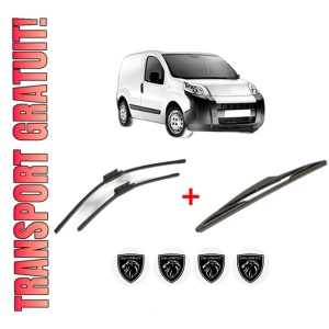 Set 3 stergatoare PEUGEOT BIPPER (AA_) din 2008, pentru parbriz si luneta fata si spate auto, Bosch Twin, din cauciuc siliconat rezistent, 4 Stickere Auto PEUGEOT