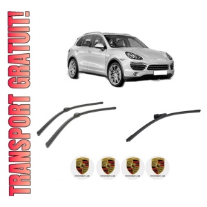 Set 3 stergatoare PORSCHE CAYENNE (92A) din 2010-2018, pentru parbriz si luneta fata si spate auto, Bosch Aerotwin-Aerotwin, din cauciuc siliconat rezistent, 4 Stickere Auto PORSCHE