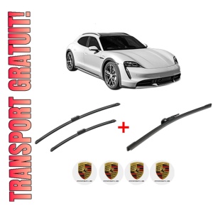 Set 3 stergatoare PORSCHE TAYCAN Cross Turismo (Y1B) din 2020 - 2023, pentru parbriz si luneta fata si spate auto, Bosch Aerotwin, din cauciuc siliconat rezistent, 4 Stickere Auto PORSCHE