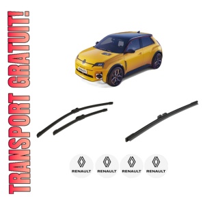Set 3 stergatoare RENAULT 5 E-TECH din 2025, pentru parbriz si luneta fata si spate auto, Bosch Aerotwin-Aerotwin, din cauciuc siliconat rezistent, 4 Stickere Auto RENAULT