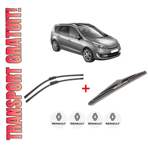 Set 3 stergatoare RENAULT GRAND SCENIC III (JZ0/1_) din 2009 - 2016, pentru parbriz si luneta fata si spate auto, Bosch Twin, din cauciuc siliconat rezistent, 4 Stickere Auto RENAULT