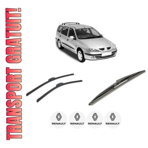 Set 3 stergatoare RENAULT MEGANE I Grandtour (KA0/1_) din 1999-2003, pentru parbriz si luneta fata si spate auto, Bosch Twin-Aerotwin Retrofit, din cauciuc siliconat rezistent, 4 Stickere Auto RENAULT