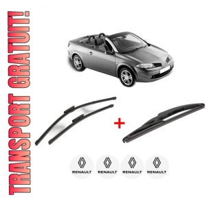 Set 3 stergatoare RENAULT MEGANE II Coupé-Cabriolet (EM0/1_) din 2003 - 2009, pentru parbriz si luneta fata si spate auto, Valeo Silencio, din cauciuc siliconat rezistent, 4 Stickere Auto RENAULT