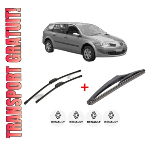Set 3 stergatoare RENAULT MEGANE II Estate Van (KM_) din 2003 - 2009, pentru parbriz si luneta fata si spate auto, Bosch Twin, din cauciuc siliconat rezistent, 4 Stickere Auto RENAULT
