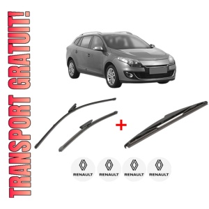 Set 3 stergatoare RENAULT MEGANE III Combi Van (KZ0/1) din 2009 - 2015, pentru parbriz si luneta fata si spate auto, Valeo Silencio, din cauciuc siliconat rezistent, 4 Stickere Auto RENAULT - Img 1