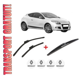 Set 3 stergatoare RENAULT MEGANE III Coupe (DZ0/1_) din 2008 - 2016, pentru parbriz si luneta fata si spate auto, Bosch Twin, din cauciuc siliconat rezistent, 4 Stickere Auto RENAULT