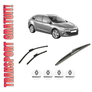 Set 3 stergatoare RENAULT MEGANE III Grandtour (KZ0/1) din 2008-2016, pentru parbriz si luneta fata si spate auto, Bosch Twin-Aerotwin, din cauciuc siliconat rezistent, 4 Stickere Auto RENAULT