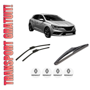 Set 3 stergatoare RENAULT MEGANE IV Hatchback (B9A/M/N_) din 2015-2021, pentru parbriz si luneta fata si spate auto, Bosch Twin-Aerotwin, din cauciuc siliconat rezistent, 4 Stickere Auto RENAULT
