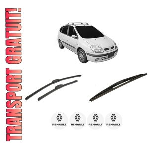 Set 3 stergatoare RENAULT SCENIC I VAN (FA0_, JA0/1_) din 1999-2001, pentru parbriz si luneta fata si spate auto, Bosch Twin-Aerotwin Retrofit, din cauciuc siliconat rezistent, 4 Stickere Auto RENAULT