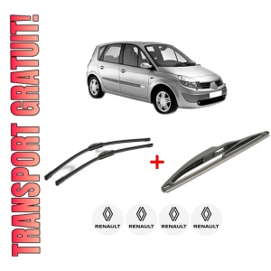 Set 3 stergatoare RENAULT SCENIC II (JM0/1_) din 2003 - 2009, pentru parbriz si luneta fata si spate auto, Bosch Twin, din cauciuc siliconat rezistent, 4 Stickere Auto RENAULT