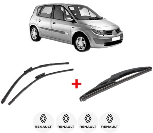 Set 3 stergatoare RENAULT SCENIC II (JM0/1_) din 2003 - 2009, pentru parbriz si luneta fata si spate auto, Valeo Silencio, din cauciuc siliconat rezistent, 4 Stickere Auto RENAULT v14854