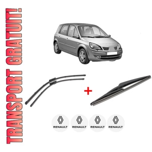 Set 3 stergatoare RENAULT SCENIC III (JZ0/1_) din 2008 - 2016, pentru parbriz si luneta fata si spate auto, Valeo Silencio, din cauciuc siliconat rezistent, 4 Stickere Auto RENAULT