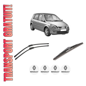 Set 3 stergatoare RENAULT SCENIC III (JZ0/1_) din 2008-2016, pentru parbriz si luneta fata si spate auto, Bosch Twin-Aerotwin, din cauciuc siliconat rezistent, 4 Stickere Auto RENAULT