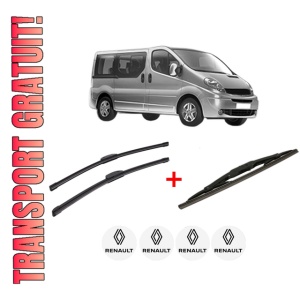 Set 3 stergatoare RENAULT TRAFIC II Bus (JL) din 2001 - 2018, pentru parbriz si luneta fata si spate auto, Bosch Twin, din cauciuc siliconat rezistent, 4 Stickere Auto RENAULT