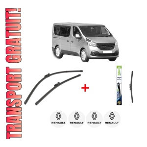 Set 3 stergatoare RENAULT TRAFIC III Bus (JG_) din 2014, pentru parbriz si luneta fata si spate auto, Valeo Silencio, din cauciuc siliconat rezistent, 4 Stickere Auto RENAULT